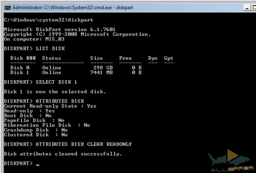 ATTRIBUTES DISK CLEAR READONLY